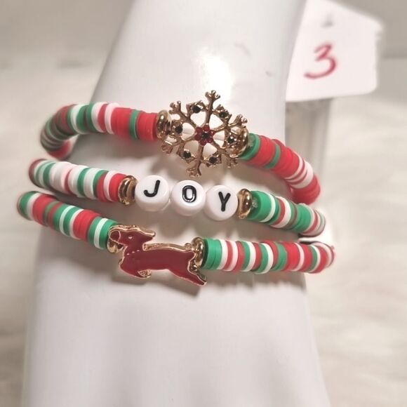 Cb3-3 CHRISTMAS STACKING BRACELET SET charm adjustable joy snowflake reindeer - Picture 1 of 6